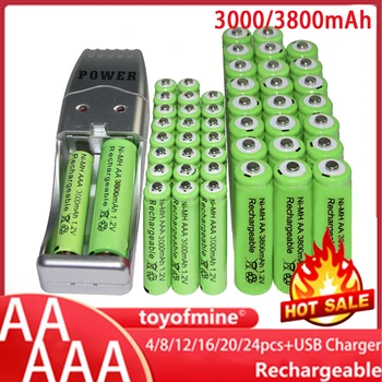 1.2 V AA + AAA NI-MH Újratölthető AA 3800mah Akkumulátor + AAA 3000mah Zöld Színű Újratölthető Akkumulátor + USB Töltő -Játékok Óra MP3
