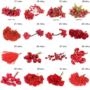 Piros, Sárga, művirágok Stamen Bogyók Csomag Lila Sárga Cseresznye DIY Karácsonyi Esküvői Torta Ajándék Doboz Koszorú Dekoráció