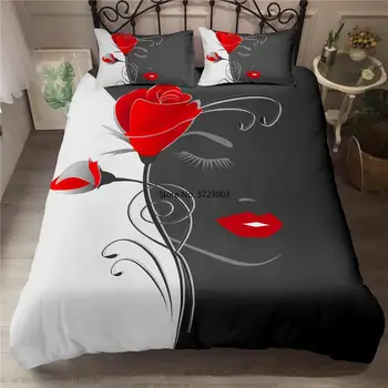 Fekete, Fehér, Piros Rózsa, ágyneműgarnitúra 3D Hálószoba Dekoráció 2/3pcs Király Méret, ágytakaró Párnahuzat