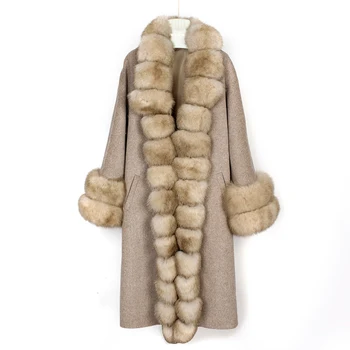 Téli Kabát Női Elegáns Gyapjú Keverék X-Hosszú, 100% - Ban Természetes Róka Szőrme Gallér, Mandzsetta Gyapjú Kabát Kasmír Kabát 2021 Nő Ruházat
