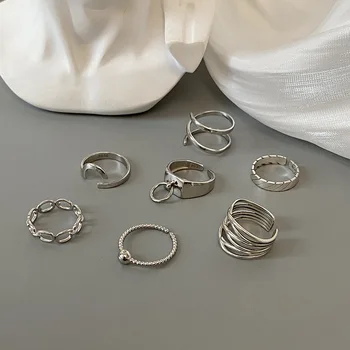 Silvology 925 Sterling Ezüst 7 Stílus Fényes Vonal Gyűrűk Nők Vintage Lánc Többrétegű Rétegek Gyűrűk Temperamentum Ékszer Ajándék