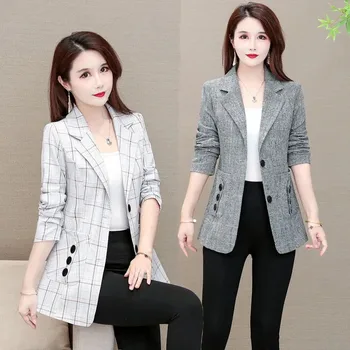 Őszi Női Blézer Kabát Új koreai Kockás Rövid Kabát Slim Plus Size 5XL Női Alkalmi Blézer Hölgy Üzleti Office Öltöny Kabát