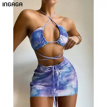 INGAGA Szexi 3 Darab Bikini Nyakkendő Festék Női Fürdőruha a Szoknya, Fürdőruha Nők 2022 Criss Cross Biquini Húzózsinórral fürdőruha