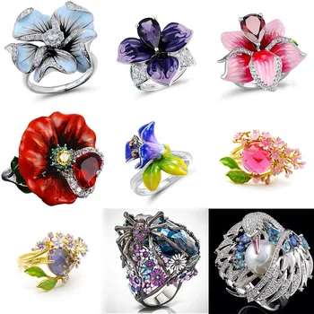 Divat Zománc Nagy Virág, Esküvői Gyűrű, a Nők Egyedi Hattyú Cirkónia Eljegyzési Gyűrű Női Fél Bohém Ékszerek