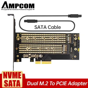 AMPCOM Kettős M. 2 PCIE 4.0 Adapter NVMe / SATA SSD, NVME (m) Gombot, majd SATA (b Gomb) SSD PCIe x4 Foglalat Teljes / Alacsony Profil