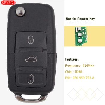 KEYECU Összecsukható Távoli kulcstartó 3 gomb 434MHz ID48 chip Volkswagen Crafter P/N: 2E0 959 753 EGY